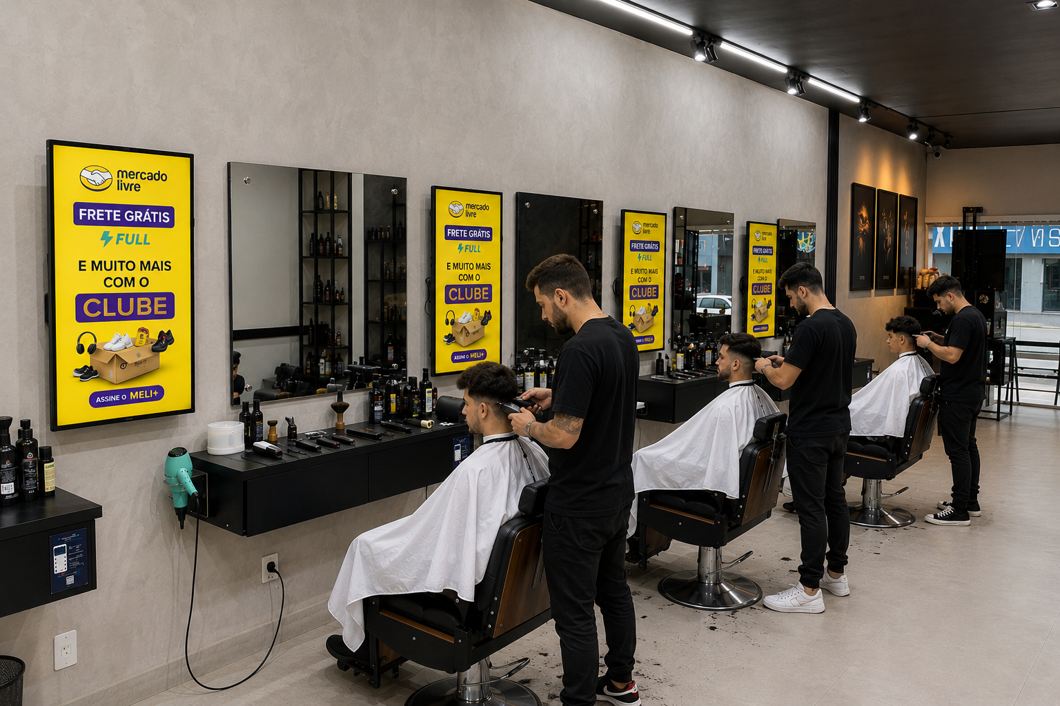 Barbearia com tela digital da Loop Mídia em operação