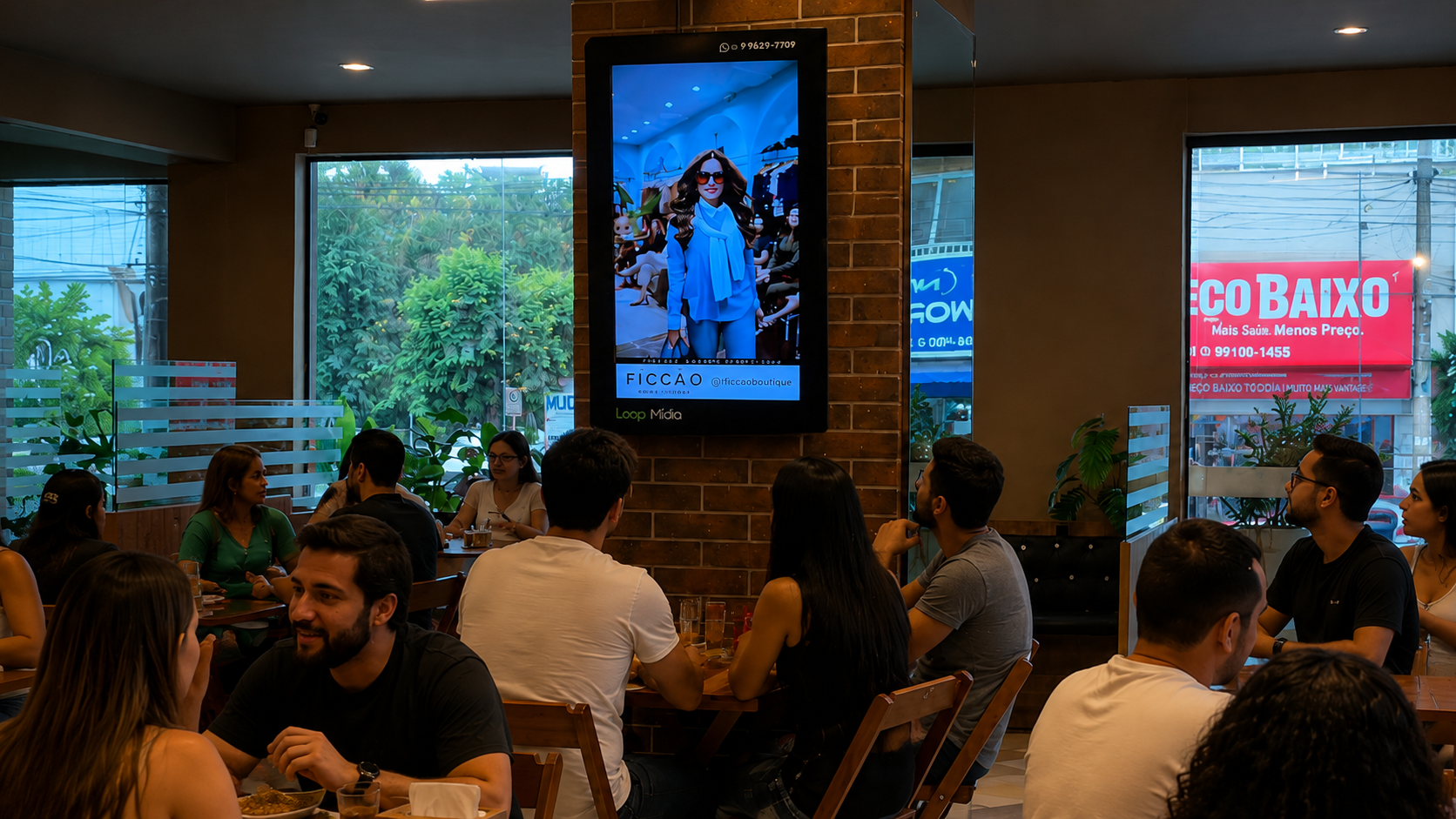Cliente em estabelecimento visualizando tela digital da Loop Mídia