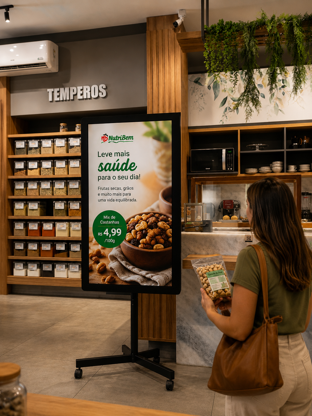 Tela da TV Corporativa Loop Mídia instalada no NutriBem Mercado Natural