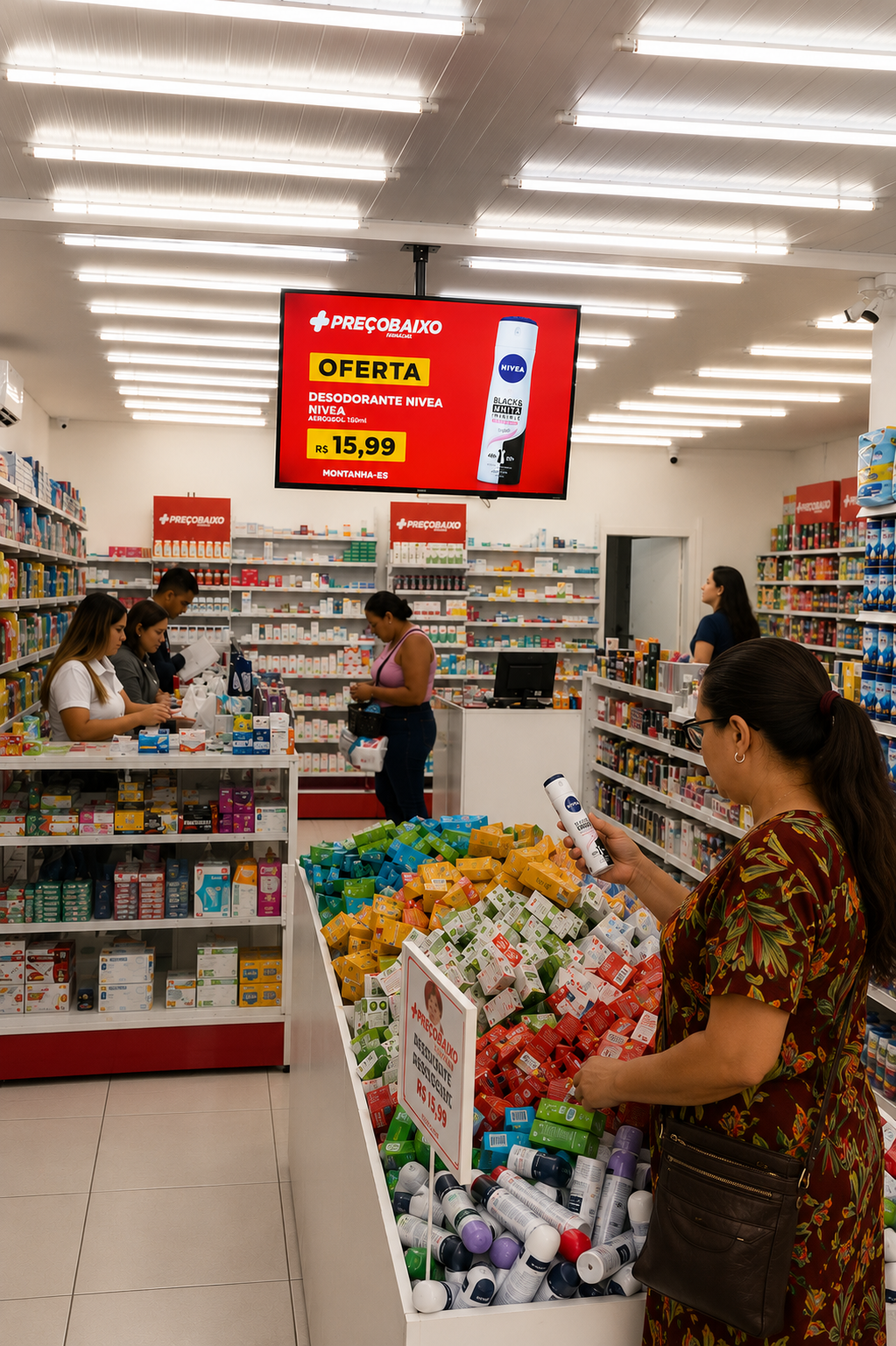 Farmácia PreçoBaixo com TV Corporativa Loop Mídia exibindo oferta